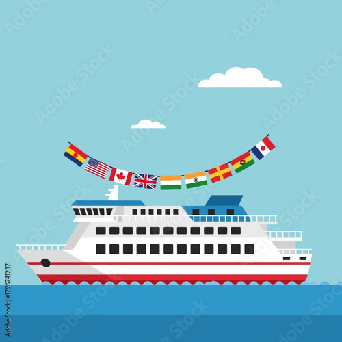 A ferry floats on water beneath a garland of international flags and fluffy clouds.