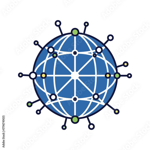 A blue globe icon with white lines and small circles representing connections.