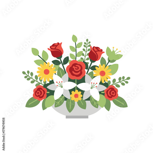 Floral arrangement featuring red roses yellow daisies and white flowers in a decorative vase.