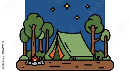 Illustration of camping at night with a tent campfire trees and starry sky for relaxation