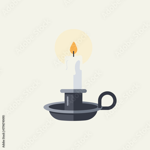 A lit candle sits in a candlestick holder emitting a warm glow.