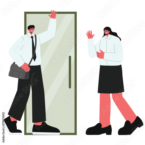 Employee Illustration. Vector illustration of Colleagues exchange a friendly wave at the doorway. Isolated on background