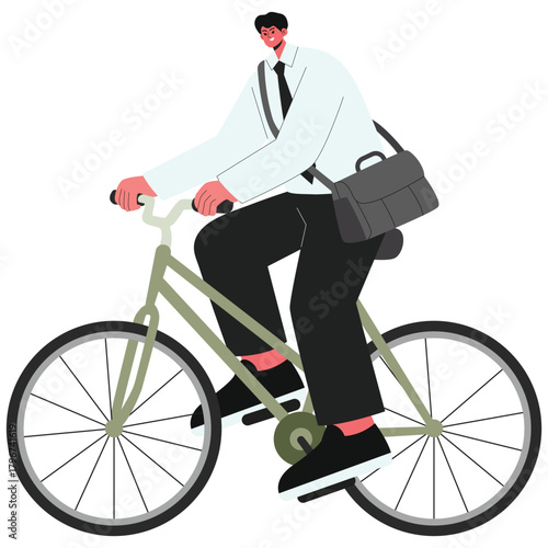 Employee Illustration. Vector illustration of Office worker rides a bicycle to work with a shoulder bag. Isolated on background