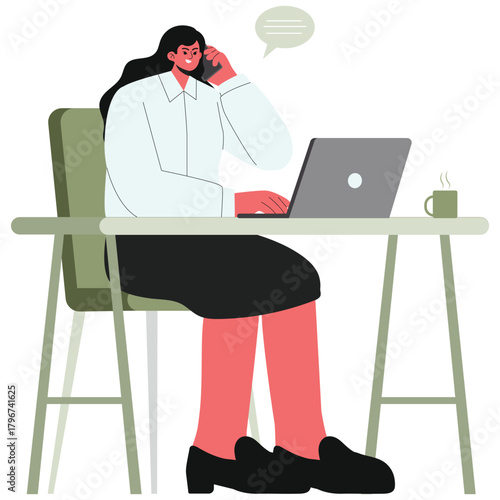 Employee Illustration. Vector illustration of Businesswoman works on a laptop while talking on the phone. Isolated on background