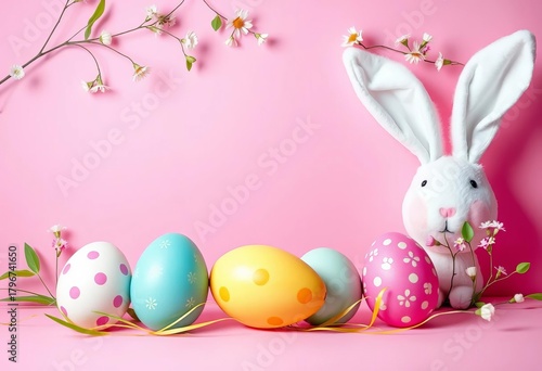 Pink background, pastel Easter eggs & bunny ears forming decorative frame , retro, bunny