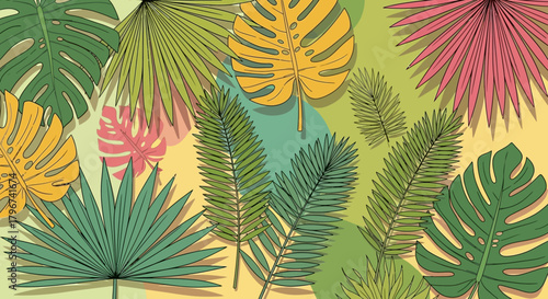 Tropical Leaves Illustration with Artistic Style, Featuring Palms and Monstera for Design