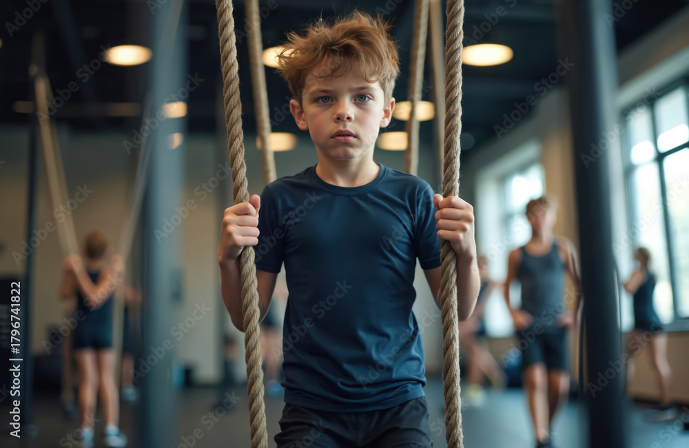 Obraz premium Young boy holds thick rope in modern gym. Other children train in background. He looks at camera with determined expression. Fitness for kids concept.