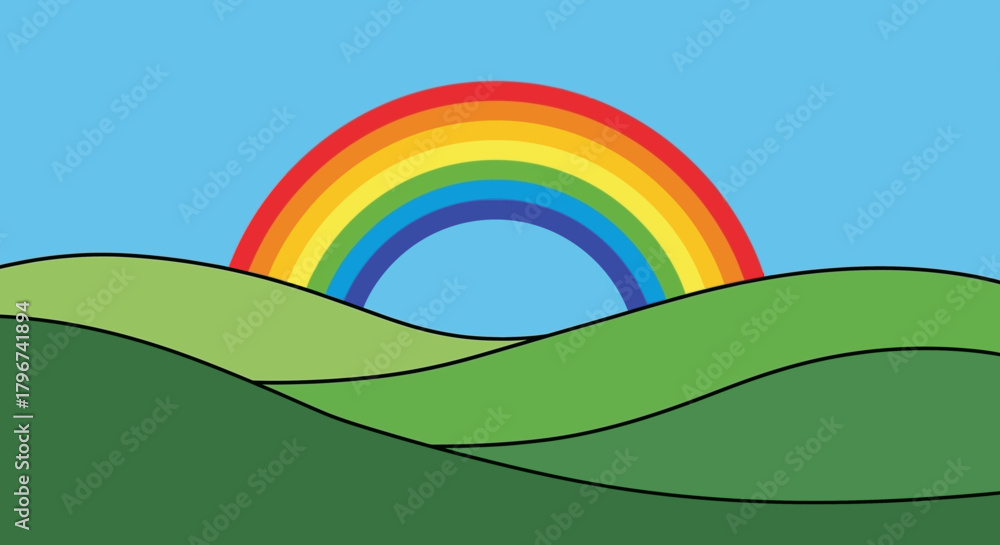 Fototapeta premium Illustration of a vibrant rainbow over rolling green hills against a clear blue sky