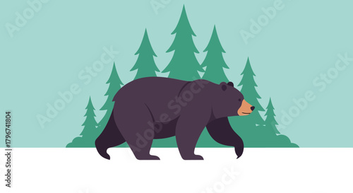 Illustration of a majestic bear strolling in a serene forest with evergreen trees