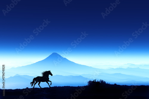 富士山の夜明けと馬のシルエット,午年イメージ