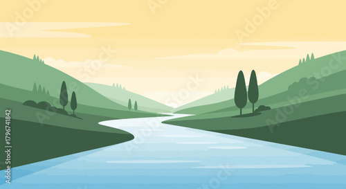 Serene river landscape illustration with green hills and a golden sky creating peaceful mood