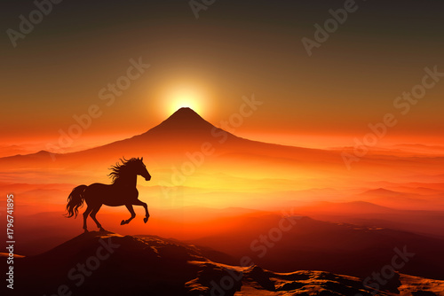 富士山の日の出と馬のシルエット,午年イメージ