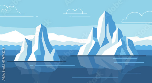 Serene arctic landscape featuring majestic icebergs reflected in calm waters creating a stark beauty