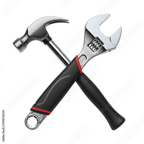 Hammer and Adjustable Wrench Crisscross on Black Background Tools