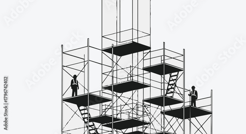 A minimalist illustration shows silhouetted construction workers on a complex scaffolding structure against a plain white background, emphasizing industry and labor.