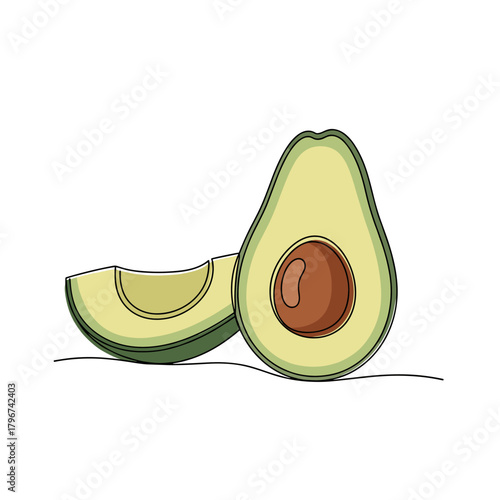 A simple illustration of a halved avocado with its pit and a slice next to it on a white background.