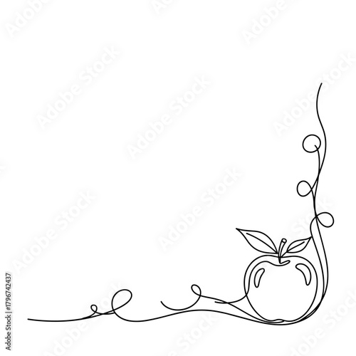 Abstract organic line drawing of an apple with swirling decorative vines and loops forming a corner element.