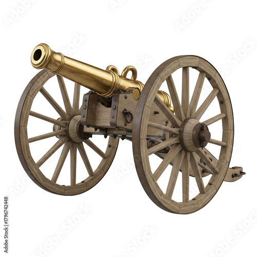 Antique Cannon Brass Barrel Wooden Wheels Historical Weapon