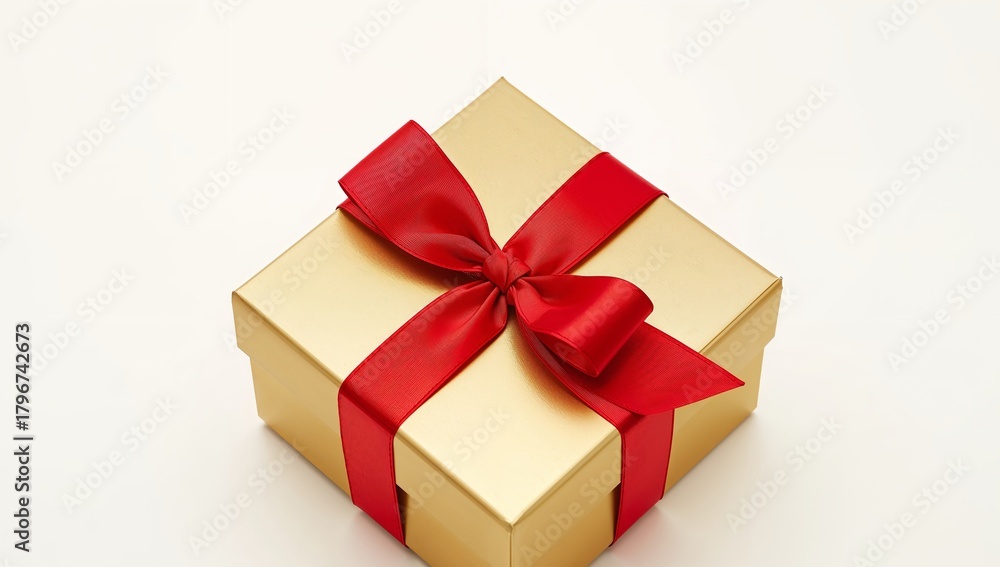 Obraz premium Golden Box, Ribbons and Light. A Square Package of Metallic Hue and Woven Texture.