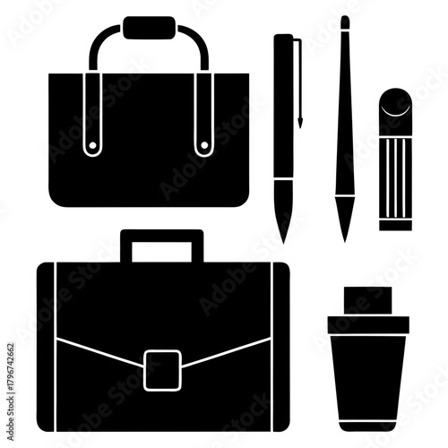 Two briefcases with pens and a cup illustration on transparent background