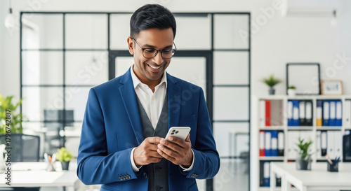 Professional Indian man smiling, using smartphone in modern office.
