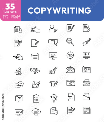 Copywriting Line Icons Writing Editing and Content Creation Symbols