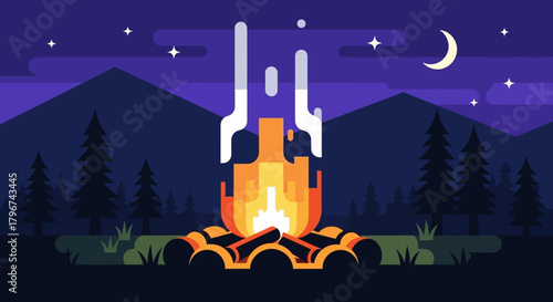 A tranquil night landscape featuring a blazing campfire under a starlit sky with crescent moon