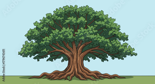 Illustration of a grand old tree with sprawling roots and lush green leaves illustration