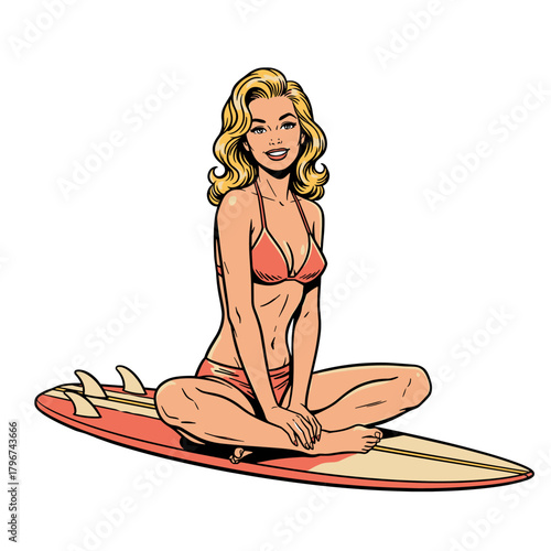 Woman in swimwear sitting on a surfboard  graphic print artwork for apparel, t shirt, sticker, poster, wallpaper and others.