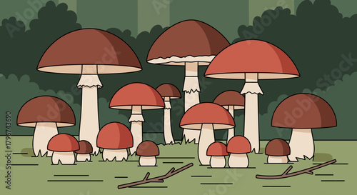 Cartoon illustration of a mushroom patch with various sizes in a forest setting