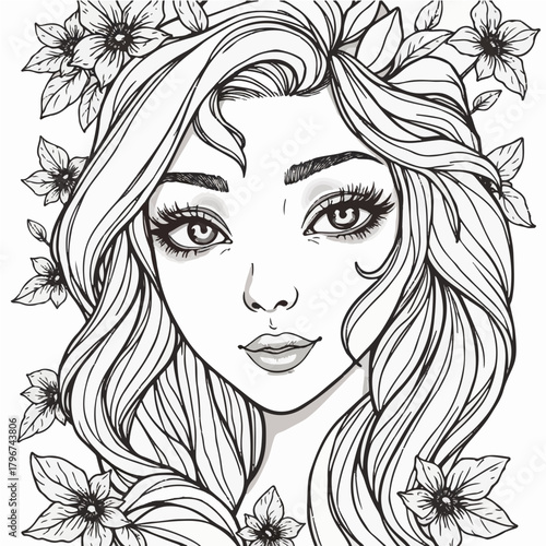 Minimalist illustration of a woman with long wavy hair surrounded by flowers in a black and white drawing style vector
