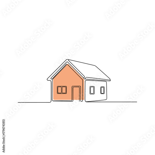 Minimalist single line drawing of a detached house with a pitched roof and two windows.