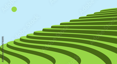Stylized terraced rice fields under a clear blue sky with a gentle green sun illustration