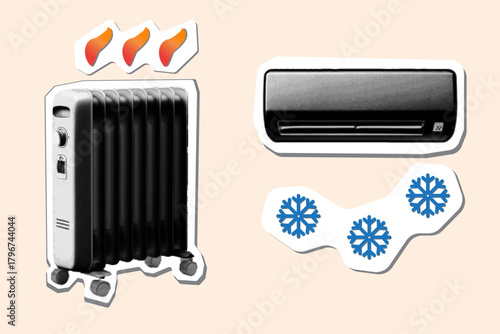 A halftone vector illustration of a heater and an air conditioner. This pop art sticker set shows heating (radiator with flames) and cooling (AC with snowflakes) appliances.