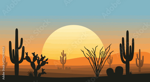 Serene Arizona desert landscape at sunset featuring silhouetted cacti and arid vegetation