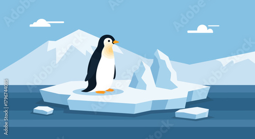 Penguin on Iceberg Flat Vector Illustration Depicting Antarctic Wildlife and Global Warming