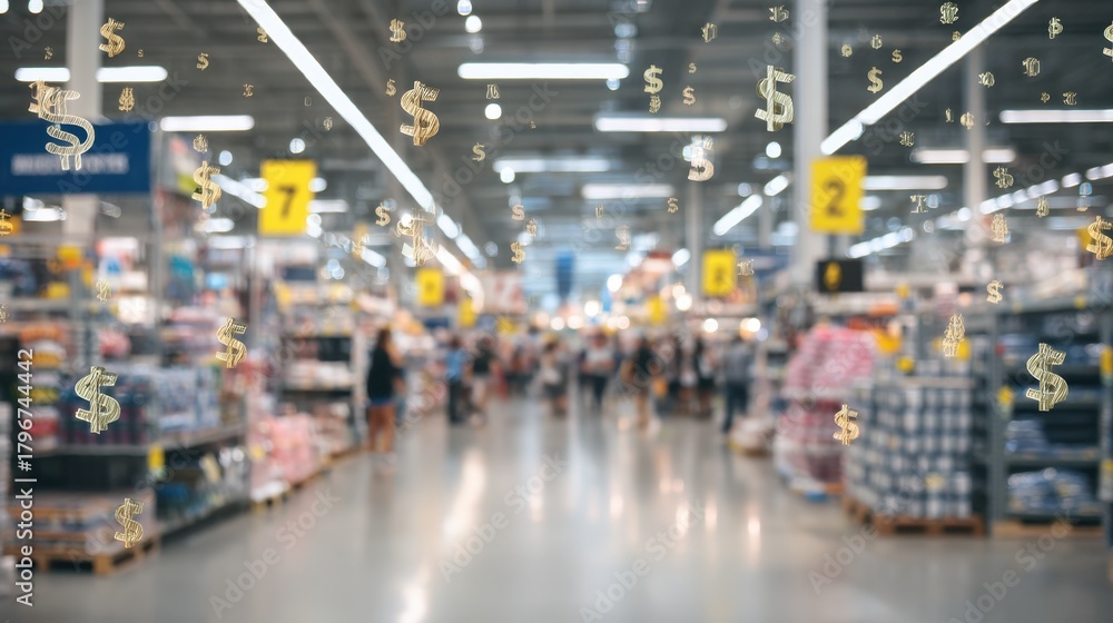 Obraz premium A bustling retail environment blurred into abstraction, layered with subtle consumer financial motifs.