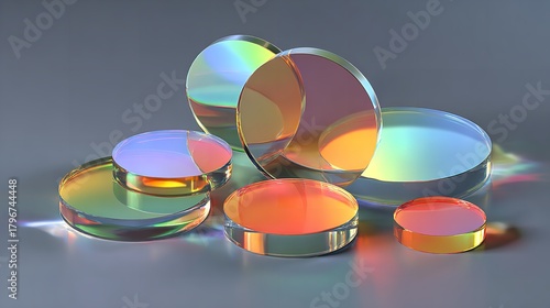 A collection of optical prisms and lenses with iridescent coatings, reflecting a spectrum of vibrant colors against a neutral background, showcasing scientific precision and aesthetic beauty