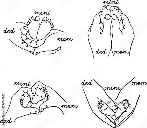 Set of 4 Mom Dad Hands & Mini Little Feet SVG, Mama Papa Newborn Baby, Love Heart Holding Hands, Silhouette, Cricut, First time parents