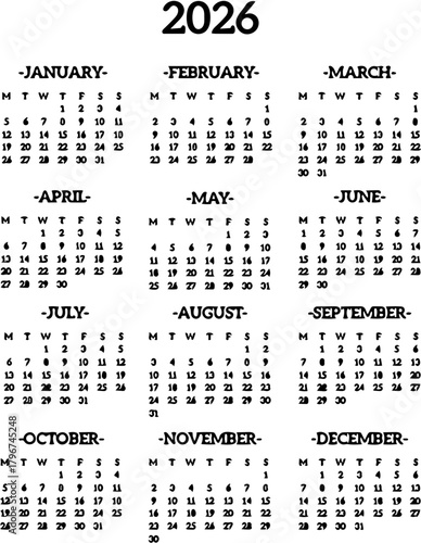 2026 Calendar Yearly Overview, Months and Dates for Planning, Scheduling, and Organization