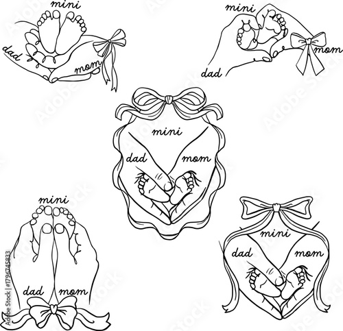 Set of 5 Mom Dad Hands & Mini Little Feet SVG, Mama Papa Baby Ribbon Coquette Bow, Love Heart Holding Hands, Silhouette, Cricut, First time parents, Newborn baby