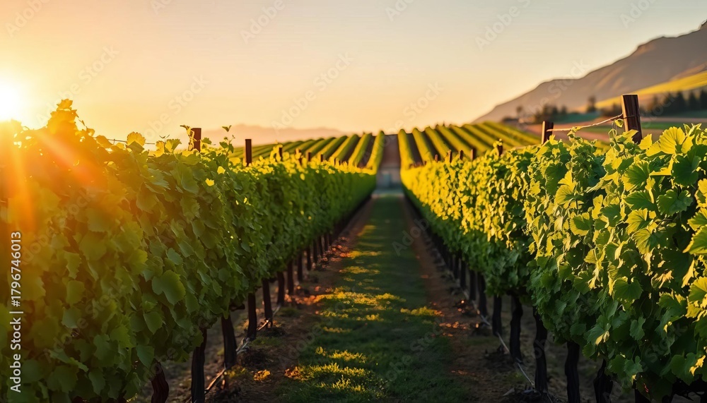 Naklejka premium Sun-drenched rows of vines on a South African vineyard, Western Cape, scenic, winelands