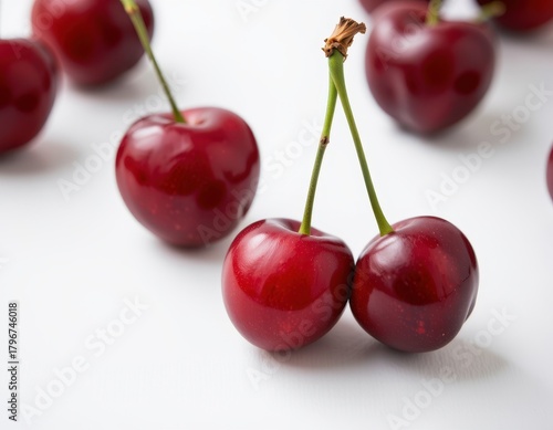 Close-up of fresh red cherries with intertwined stems on white background, emphasizing vibrant color and texture.