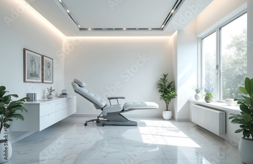 Fototapeta Naklejka Na Ścianę i Meble -  Modern medical office interior with examination chair plants and natural light. Bright clinic space with treatment furniture. Aesthetic dental or cosmetic surgery room with bright decor.