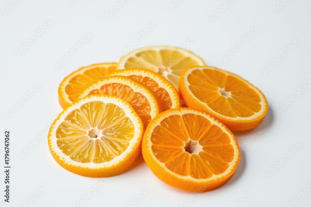 Fototapeta premium Top view of fresh orange and lemon slices arranged in a clean, overlapping pattern on white background.