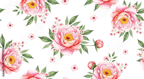Seamless pattern of pink peonies and green leaves