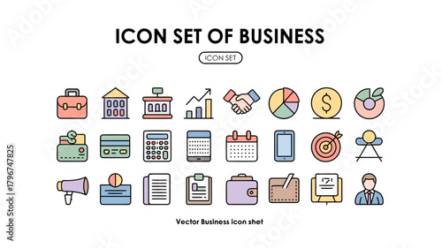 Icon Set of Business – 20 Professional Colorful Vector Glyph Icons in a Minimalist Flat Style, Fully Scalable 