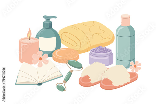 Vector illustration of a collection of spa and selfcare items, including a candle, soap, towel, roller, jar, and slippers, arranged on a