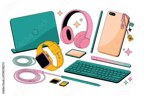 Vector illustration of flat lay of modern gadgets and accessories including a laptop, smartwatch, headphones, smartphone, and keyboard