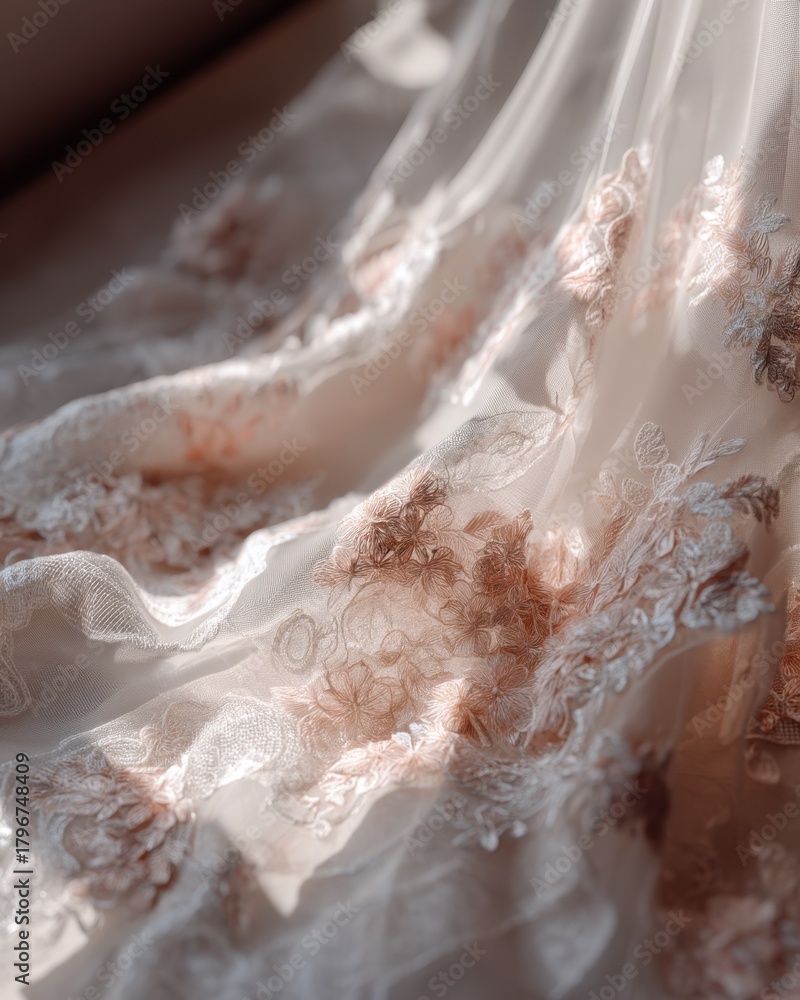 Obraz premium Close-up of embroidered bridal dress fabric with lace textures, elegant detailed and refined for wedding background.